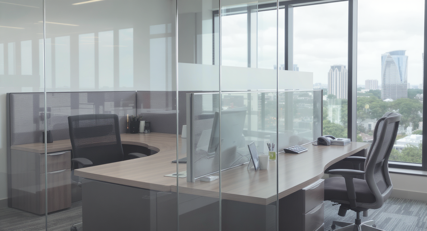 Two real estate office desks separated by glass, one desk with untouched messages and business cards, the other actively in use, no people.