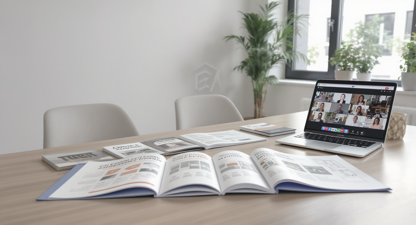 A consultation table displays multilingual real estate brochures, step-by-step loan guides, and a laptop streaming a community webinar—no people shown.