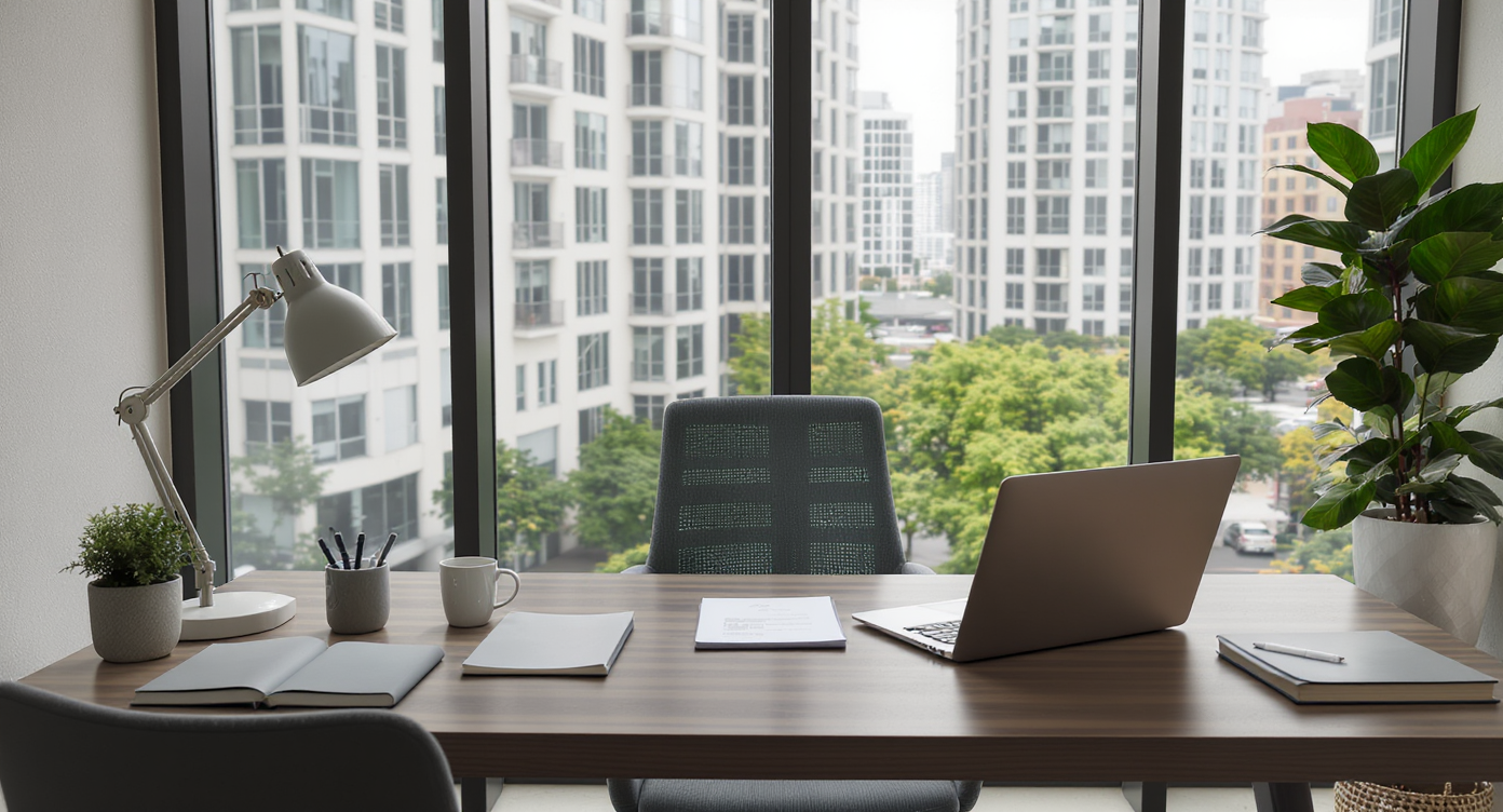 Modern real estate office desk showing various home financing brochures, legal guides, and neighborhood map, no people present.