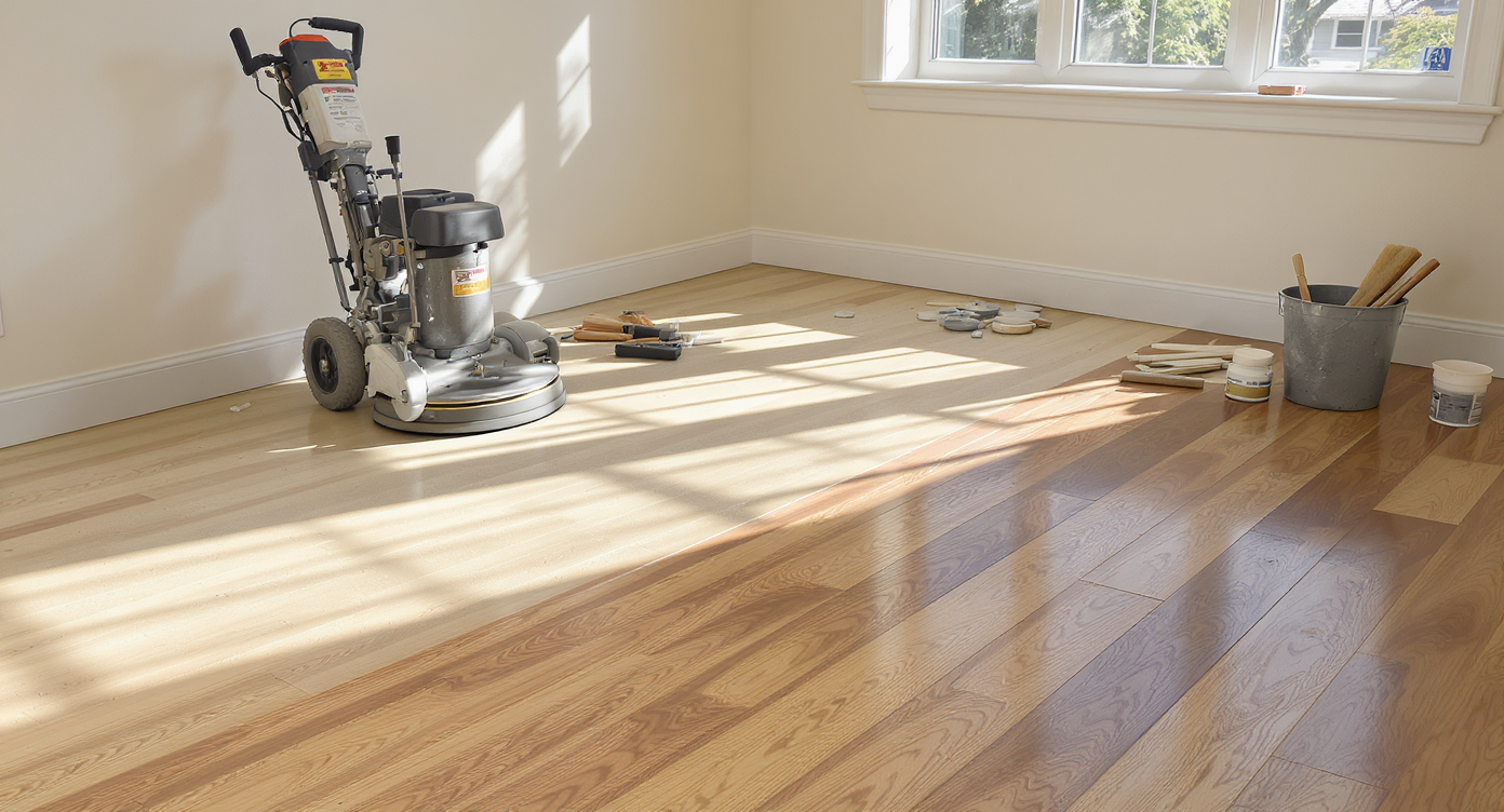 Restoration tools and equipment on a partially sanded hardwood floor in a sunlit room, showing clear contrast between finished and unfinished wood.