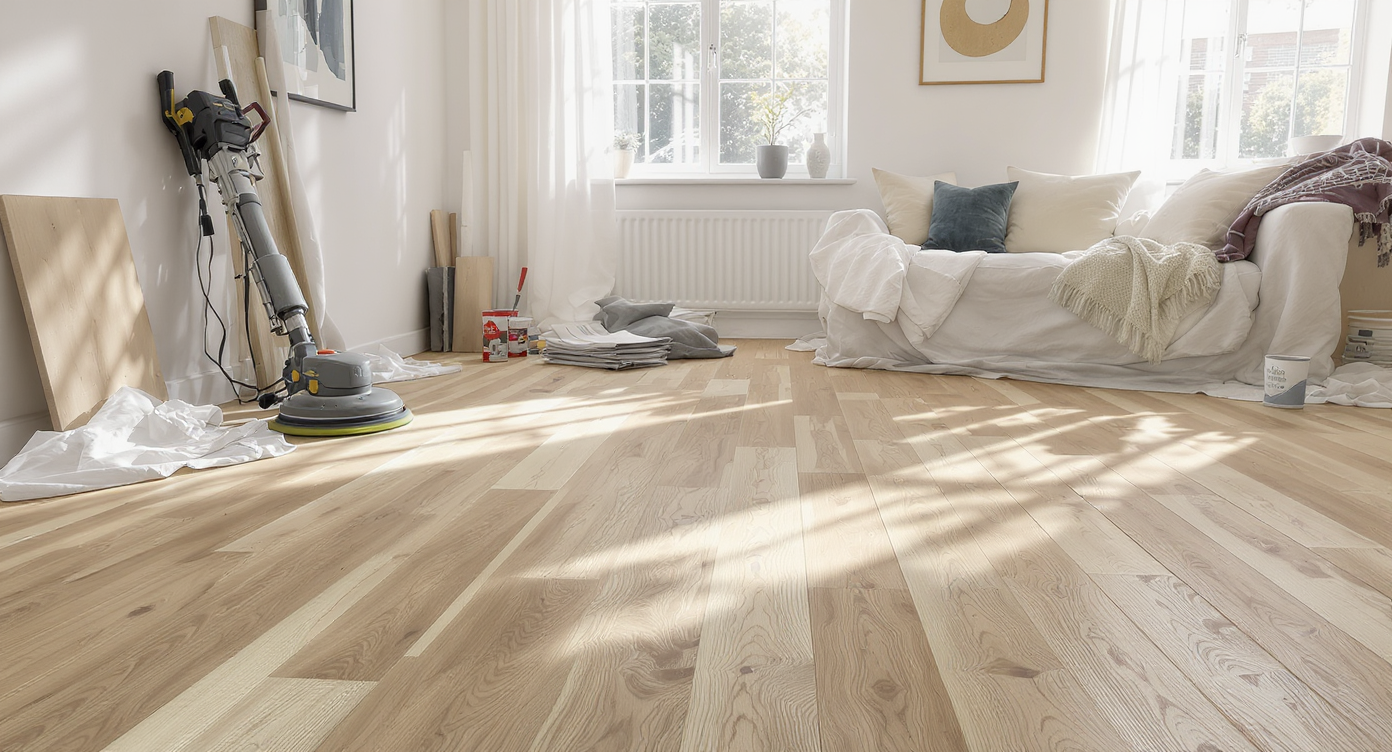 A bright family room with vintage hardwood floors mid-restoration, showing sanding tools, exposed wood, and protective dust sheets, no people.