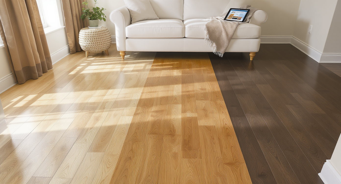 A sunlit living room with hardwood floors displayed in three adjacent finishes: natural matte light oak, semi-gloss mid-tone, and dark satin. A digital tablet on an ottoman previews flooring options. The space is clean, realistic, and person-free, highlighting flooring design choices for vintage restoration.