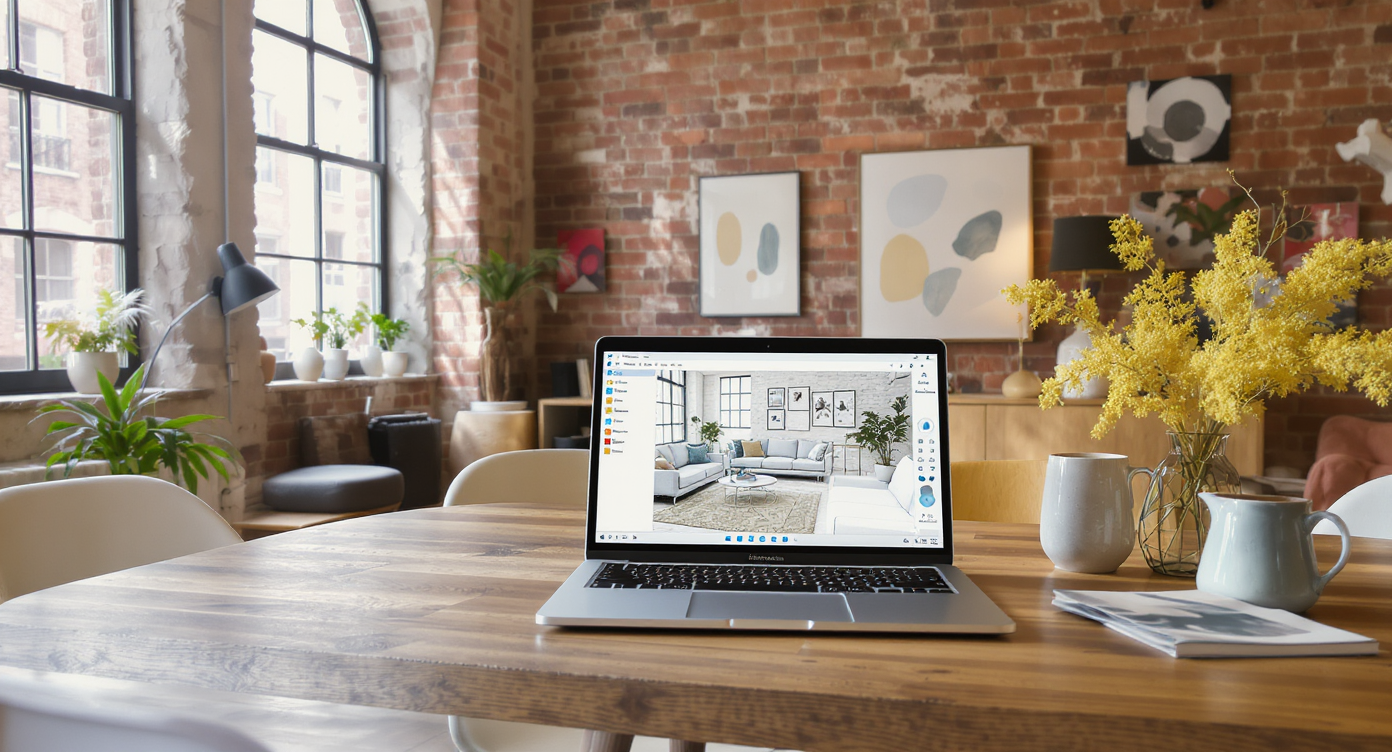 A photorealistic loft studio with open laptop on a table, showing virtual furniture and decor arrangements matching the real space. No people visible.