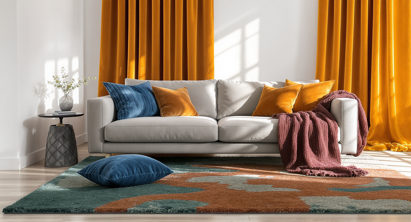 A white-walled loft studio features light wood floors, a deep green rug, jewel-toned pillows and an ochre curtain, showcasing warm, bold textiles.