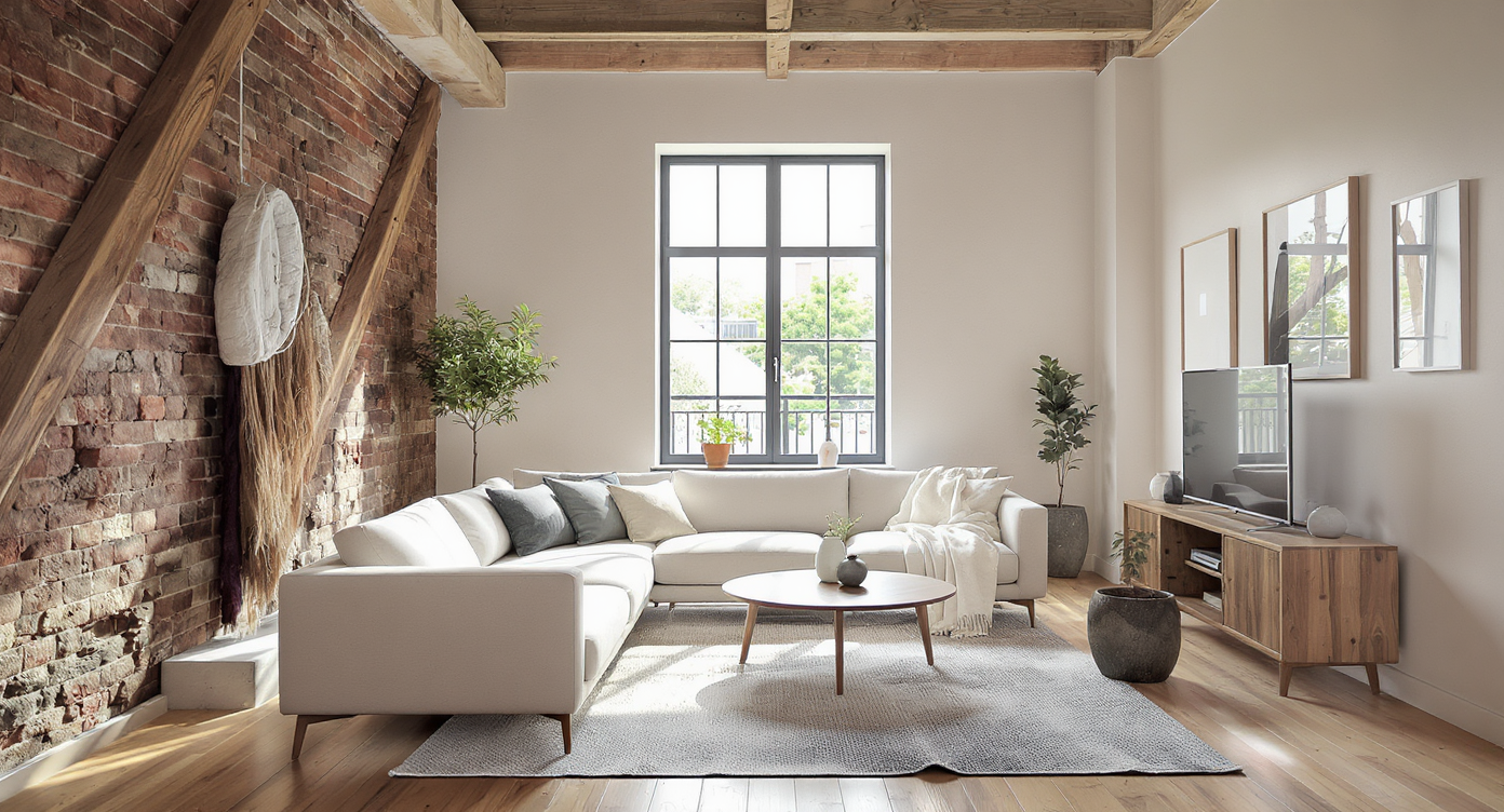 Photorealistic loft studio with a chaise sofa floated near a window, three-foot perimeter pathways, and inviting natural light.