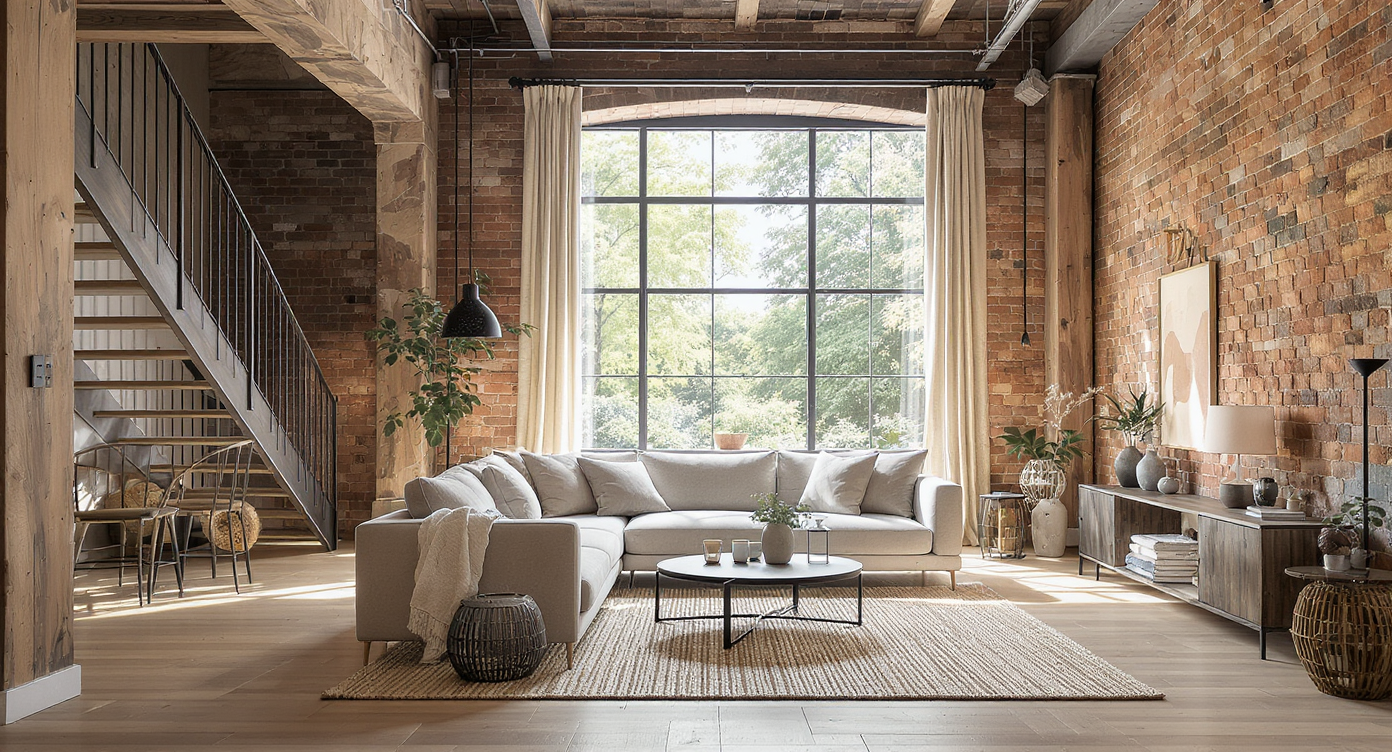 Editorial photo of a loft studio with a centrally floated sofa, area rug, and coffee table, illustrating distinct open zones without barriers.