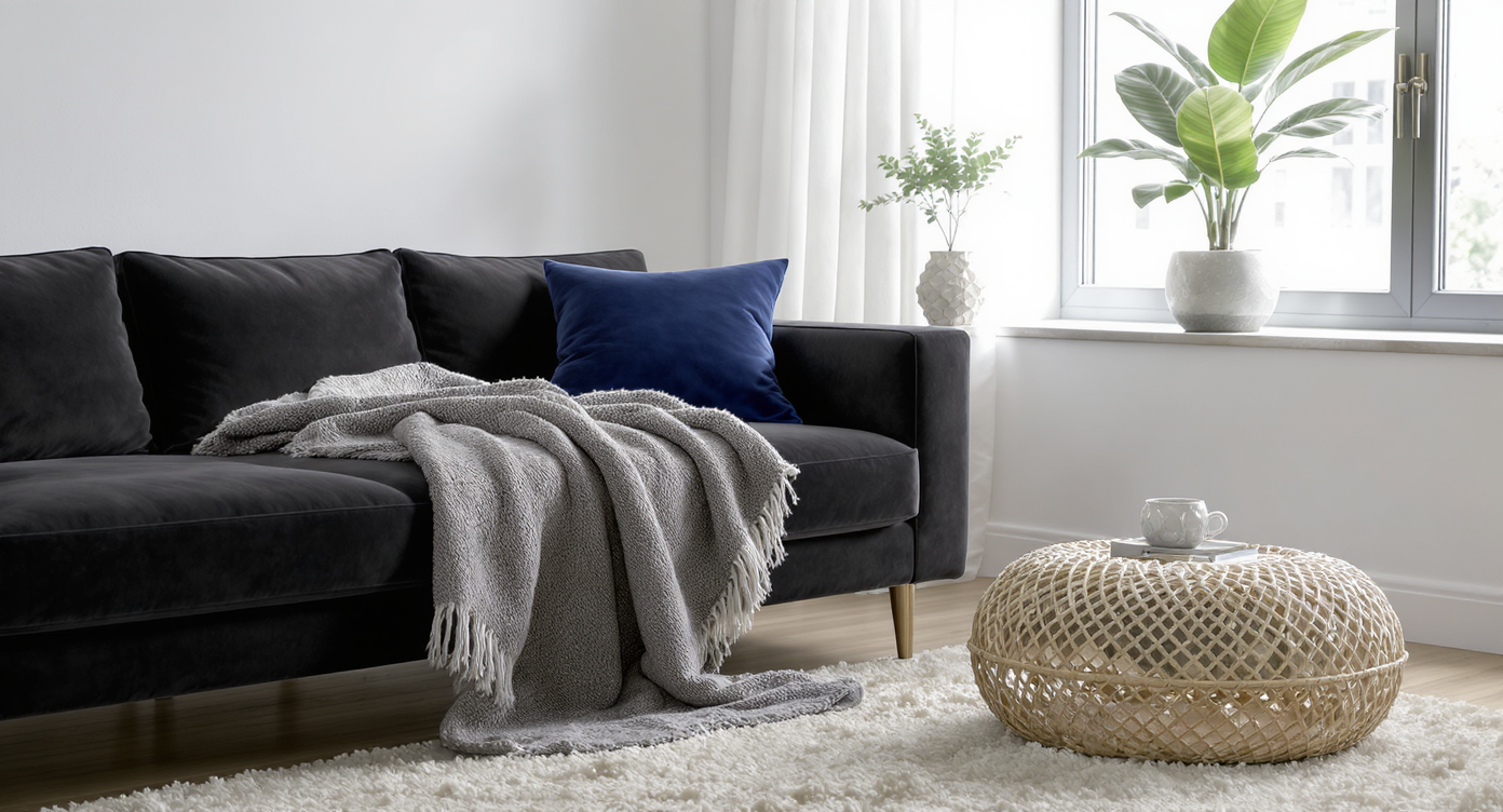 Modern living room corner with a faux potted plant on a windowsill, nubby throw, woven pouf, and velvet pillow, bathed in natural light.