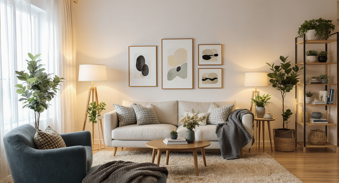 A modern living room split visually to show a plain, bland corner transitioning into a warm, cozy, stylish space with layered textiles, art, plants, and inviting lighting.