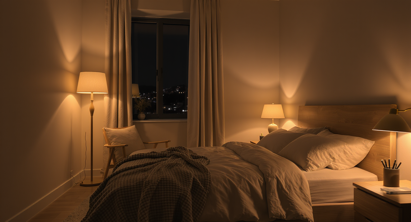 A modern bedroom at night lit by a warm floor lamp, a compact bedside lamp, and a small desk lamp at different heights, creating a cozy layered atmosphere.