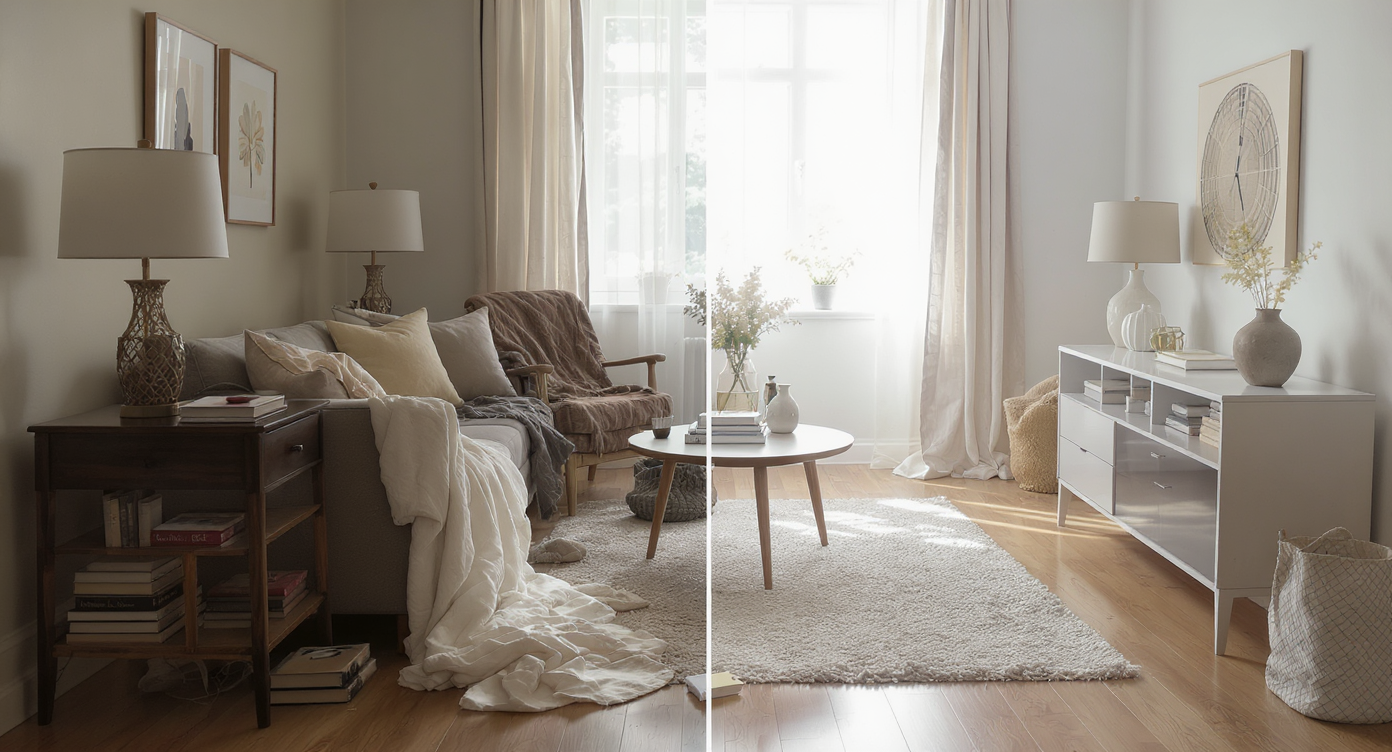 Living room halfway decluttered: one area with cluttered tables and unused items, other side cleared with one neat storage console, bright and orderly.