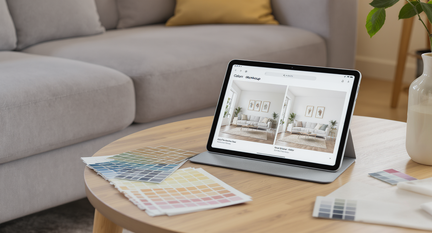 A modern living room with a tablet on the coffee table, displaying a 3D visualization of the same room with different paint colors and layouts.