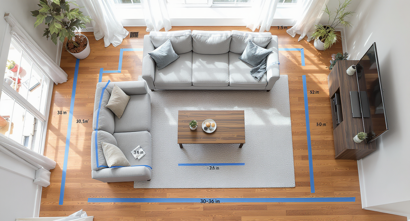 Overhead view of a living room with tape markings on the floor, proportionate furniture, clear walkways, and realistic daylight.