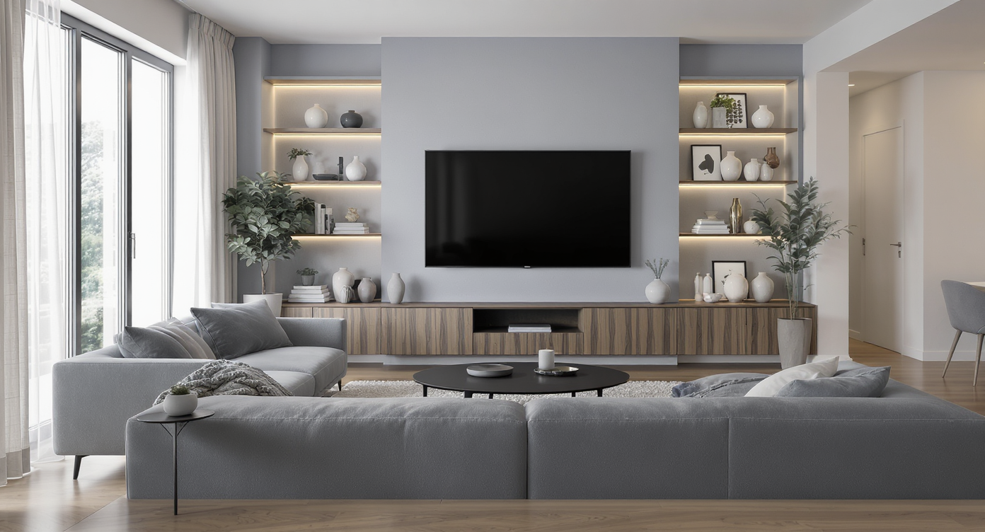 Photorealistic living room with a mounted TV and a styled wall featuring shelves, artwork, and balanced decor, no people, modern furniture.