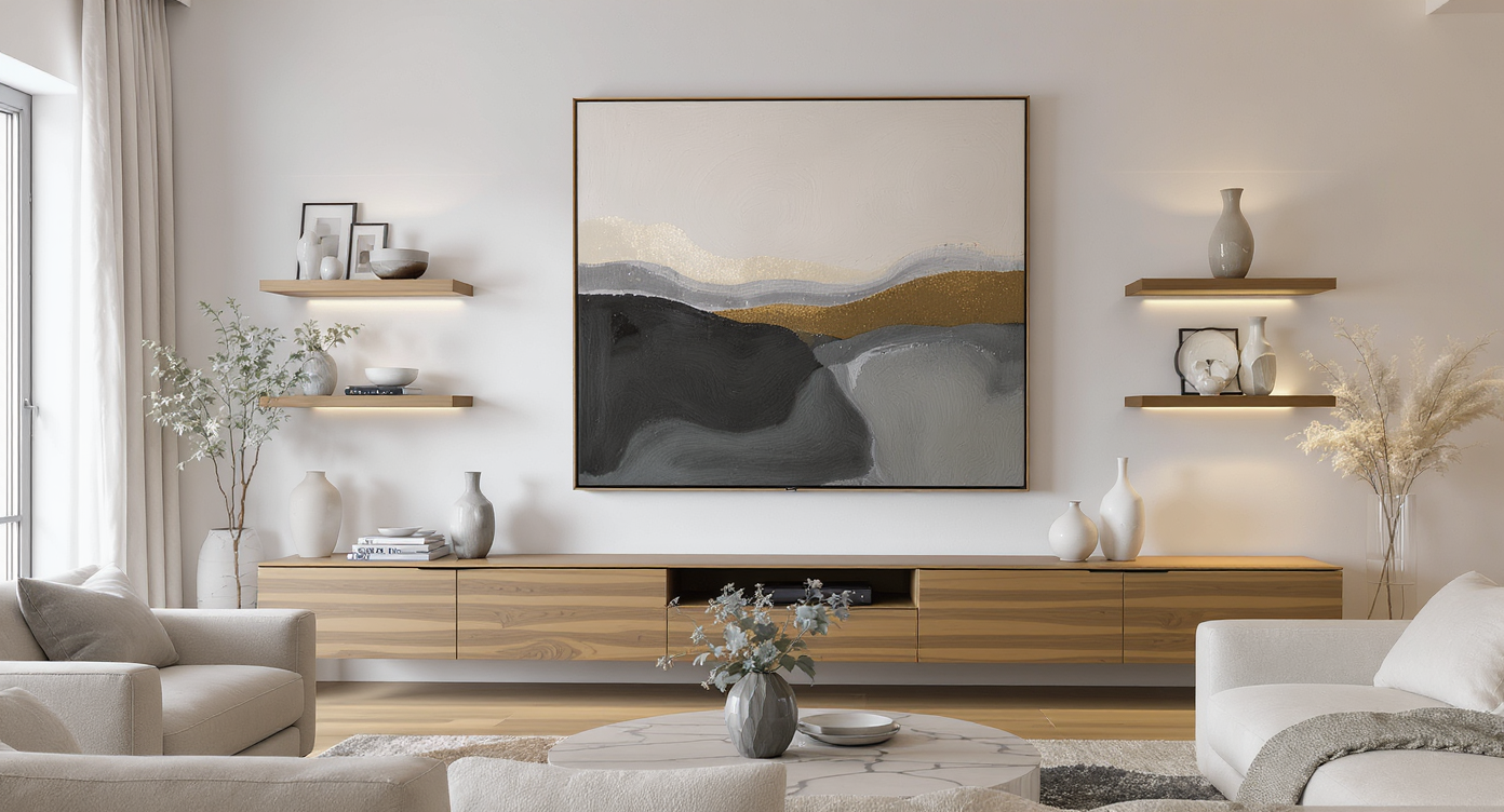 Photorealistic modern living room featuring a TV wall with a large framed artwork, matching floating shelves, and sculptural sconces above a console.