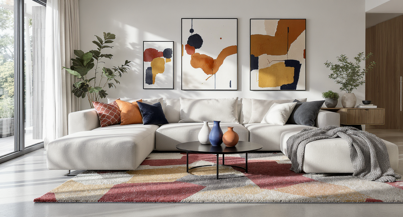 Contemporary living room with bold pillows, patterned rug, and sculptural vases echoing wall art above the TV, demonstrating cohesive contrast.