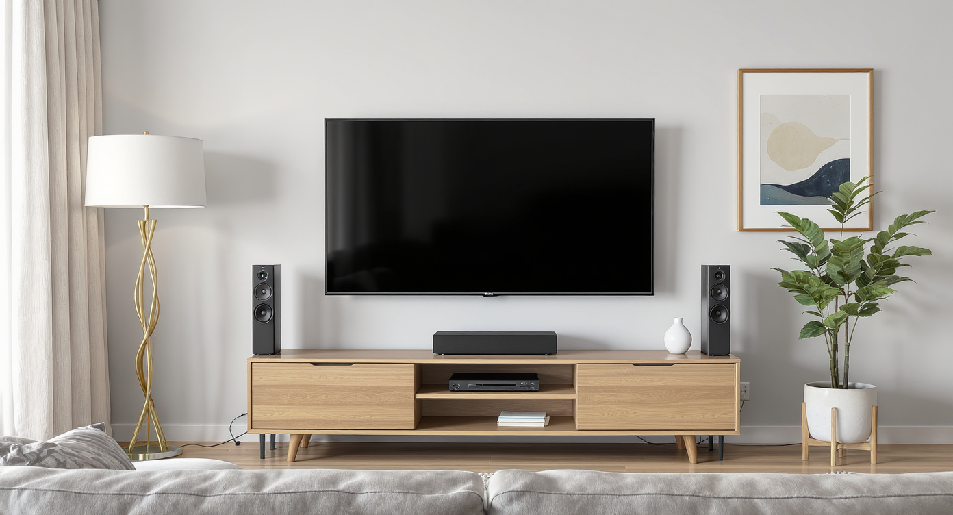 Living room with a wall-mounted TV flanked by a tall floor lamp, a potted plant under framed art, and tower speakers, creating balanced vertical flow.