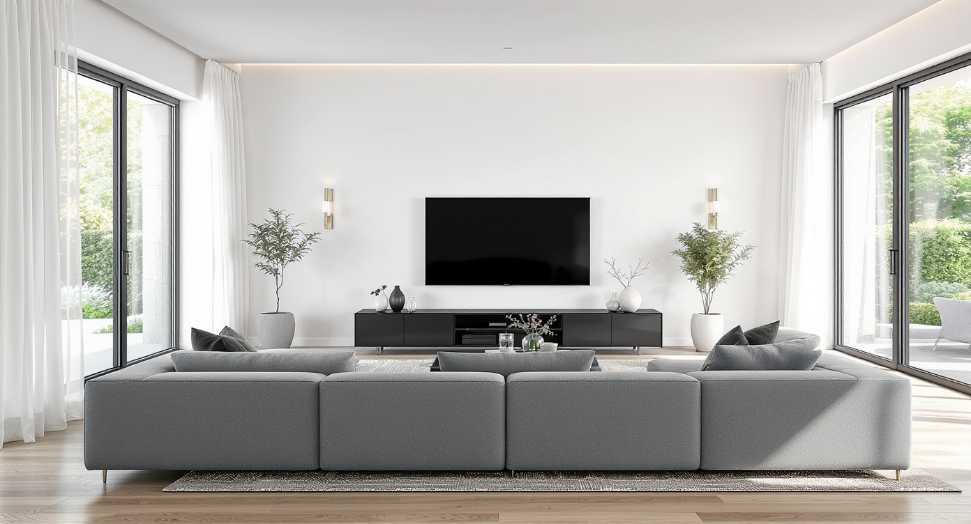 Modern living room with sectional sofa, TV on a large empty wall above a console, showcasing layout and styling challenges.