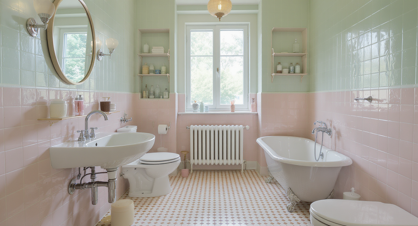 A photorealistic vintage bathroom with pastel retro tiles, chrome hardware, a pedestal sink, and clawfoot tub, bathed in soft natural light.