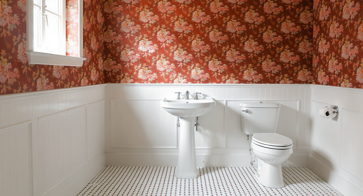 Editorial-style vintage bathroom with bold floral wallpaper above white wainscoting, classic tile floor, and pedestal sink in natural light.
