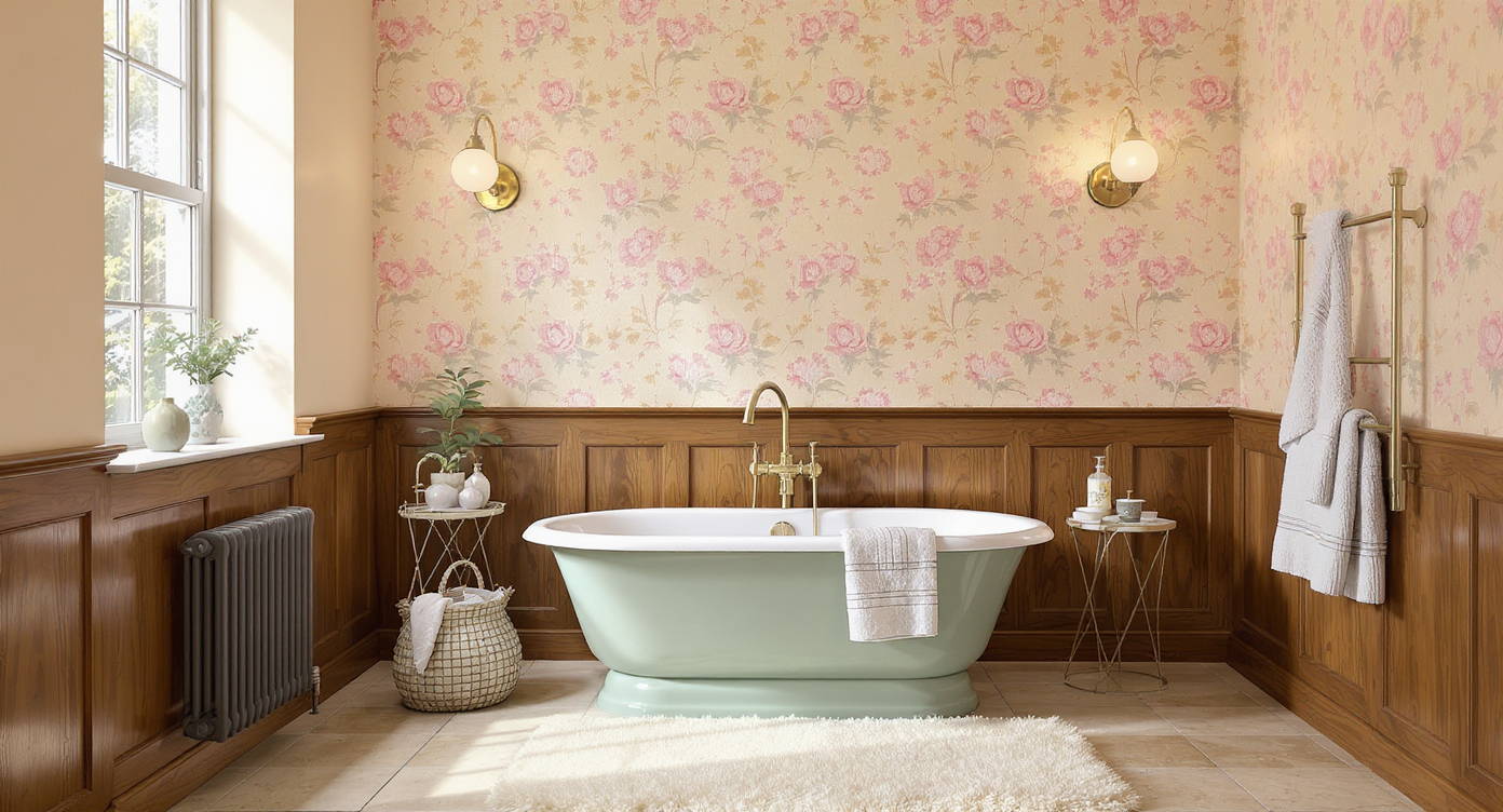 A 1970s bathroom featuring one pastel-rose wallpapered wall, a spearmint-green tub, walnut wainscoting, and subtle almond-painted walls.