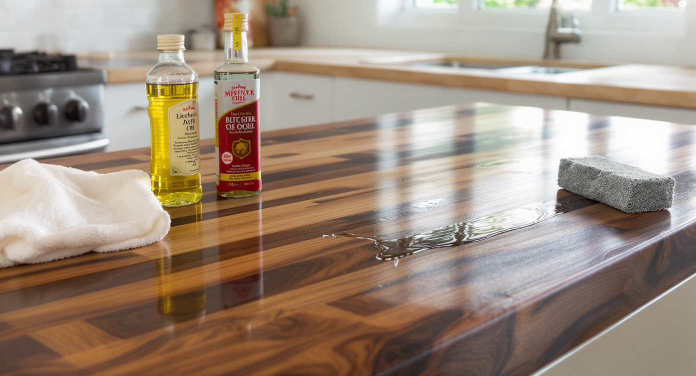 A sunlit kitchen island featuring richly oiled walnut butcher block, mineral oil bottle, cloth, and steel wool on the countertop surface.