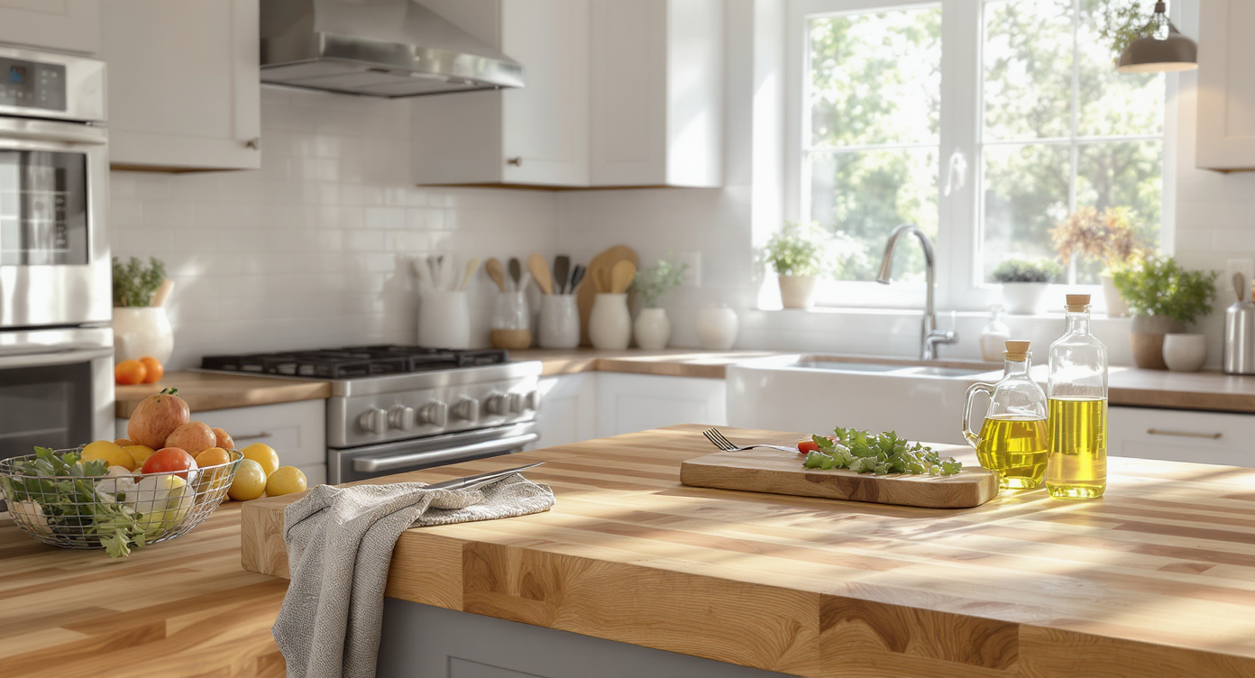 Modern kitchen with a worn butcher block island countertop, recent food prep items on top, natural light, and no people present.