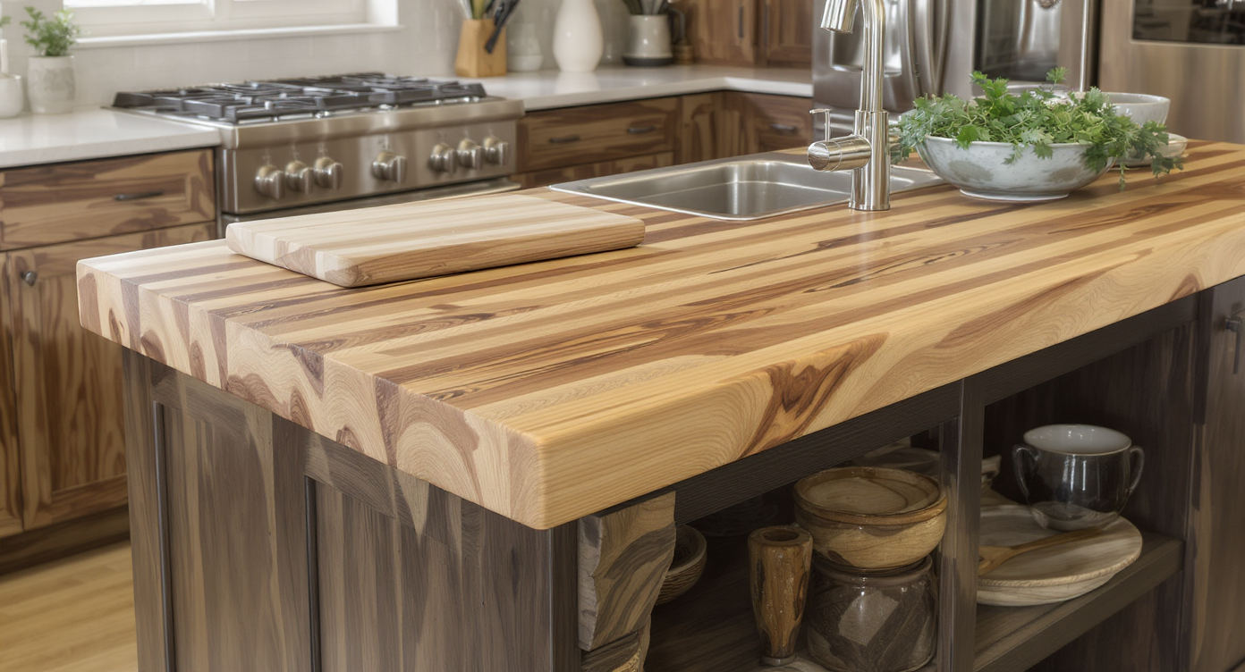 A sunlit kitchen island featuring a well-used butcher block countertop with visible knife marks and water rings, surrounded by modern cabinetry and kitchen tools.