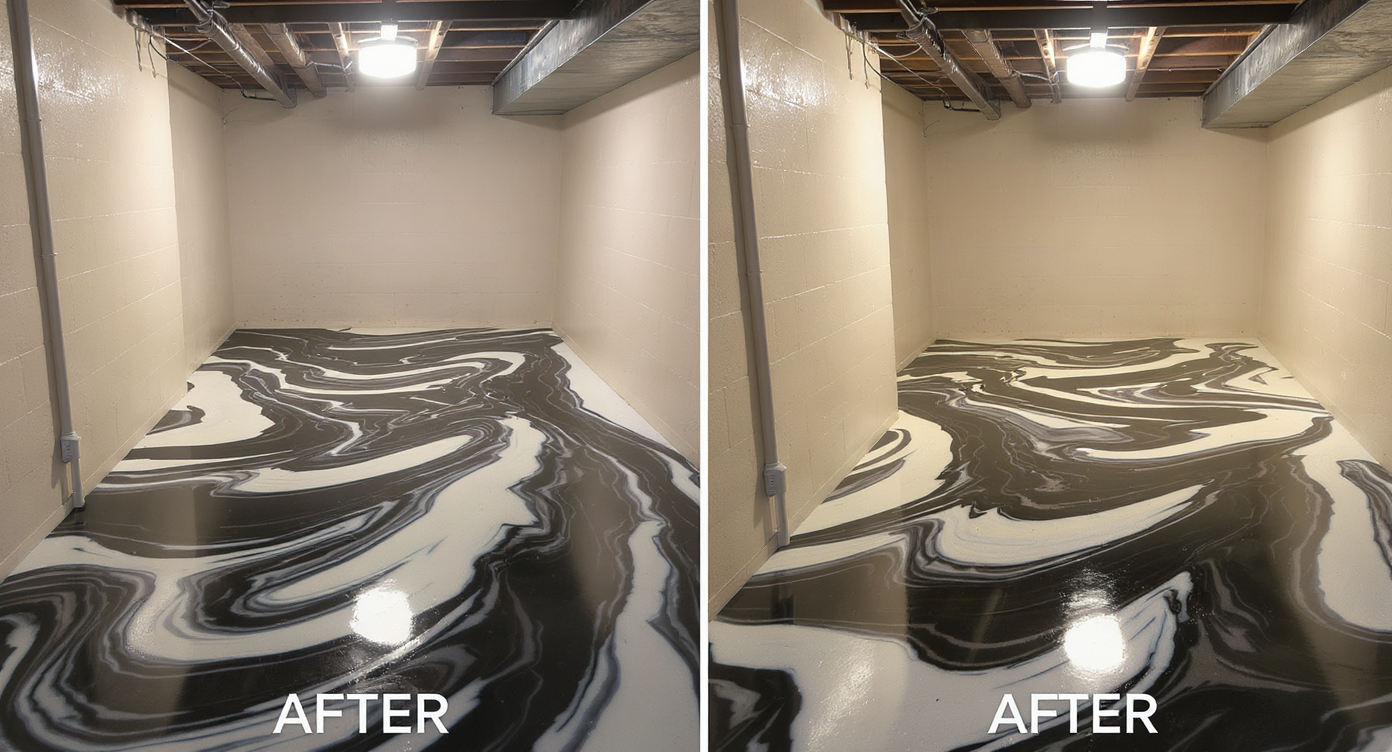 Side-by-side basement room views: one wall in cool off-white, the other in forest green, both with bold epoxy floors and modern lighting.
