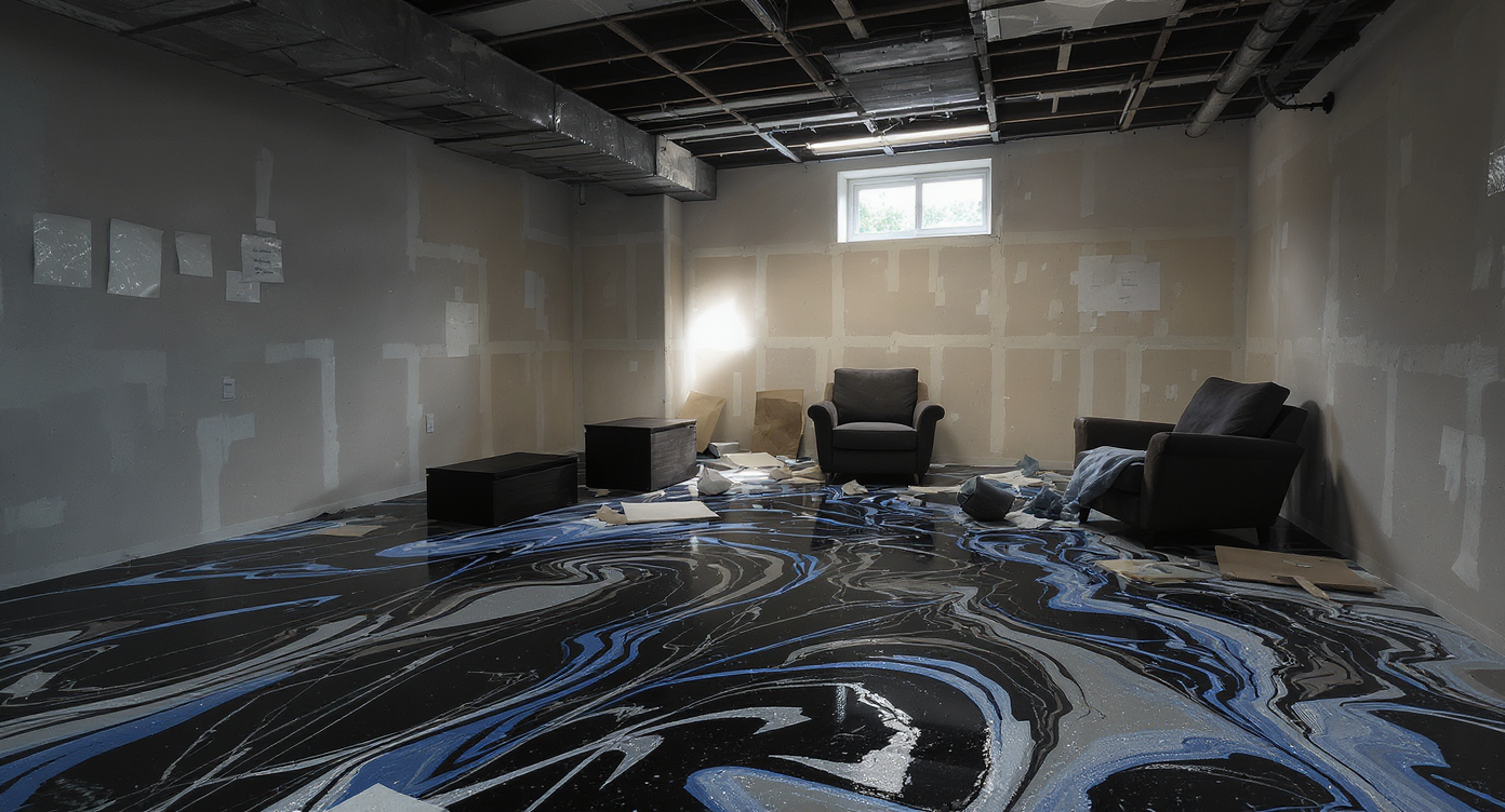 A basement with bold epoxy flooring, unfinished walls showing various paint swatches, low light, and dark furniture scattered naturally.