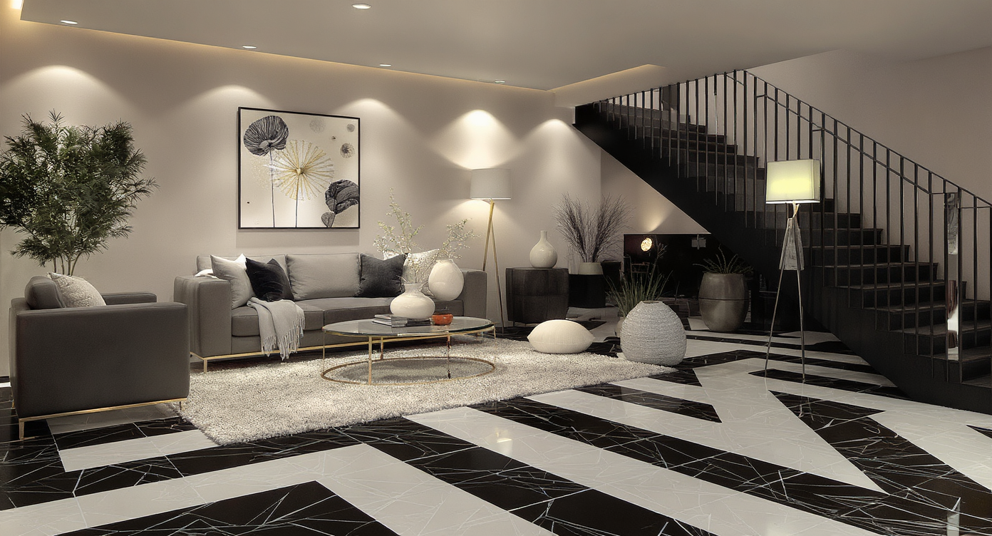 A modern basement with a glossy black-and-white epoxy floor, warm ceiling potlights, dark furniture, taupe and gray walls, and reflective accents.
