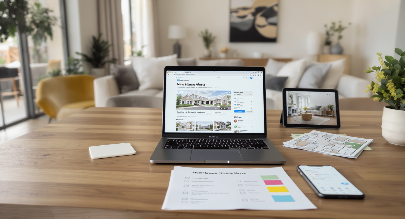 A tidy modern living room with a laptop showing real estate listings, a checklist, a smartphone alert, and home layout plans on a table.