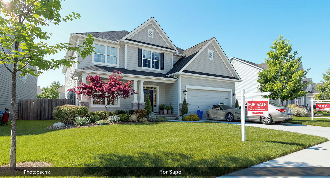 Modern suburban house exterior with 'For Sale' sign, real estate brochures on the porch, and multiple cars parked in the driveway, no people visible.