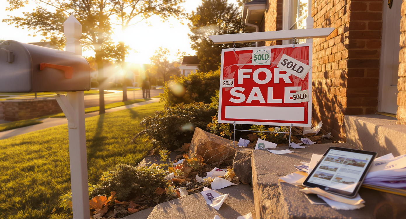 A suburban home's entryway at dawn shows a crowded 'For Sale' sign with multiple sold stickers, scattered brochures, and a tablet with live listings, illustrating first-time home buyer challenges.