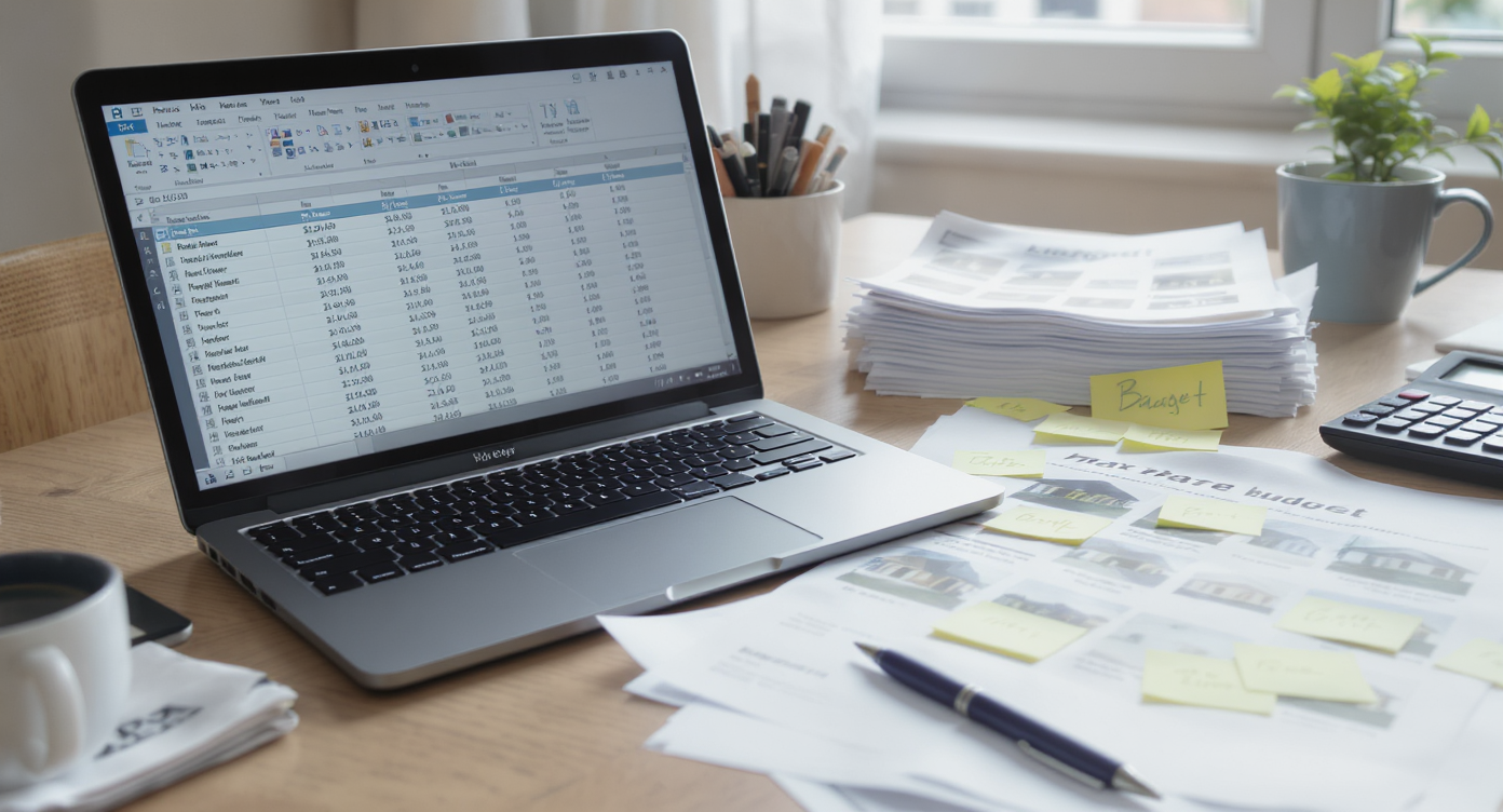 A desk scene with a laptop displaying home sale data, printed listings marked below a set budget, a calculator, and notes for housing market analysis.