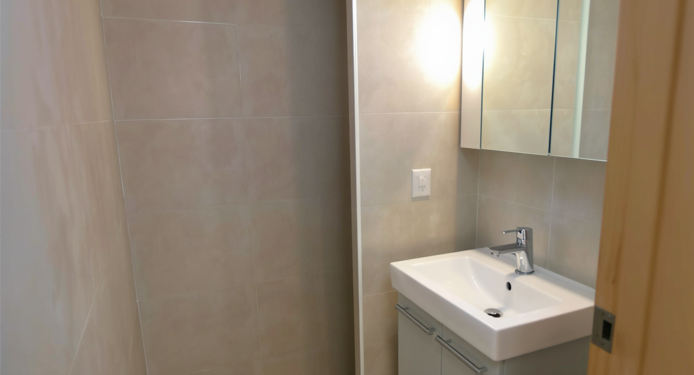 A realistic basement bathroom with a pocket door open into the wall, a recessed medicine cabinet, and a small sink, maximizing space efficiency.