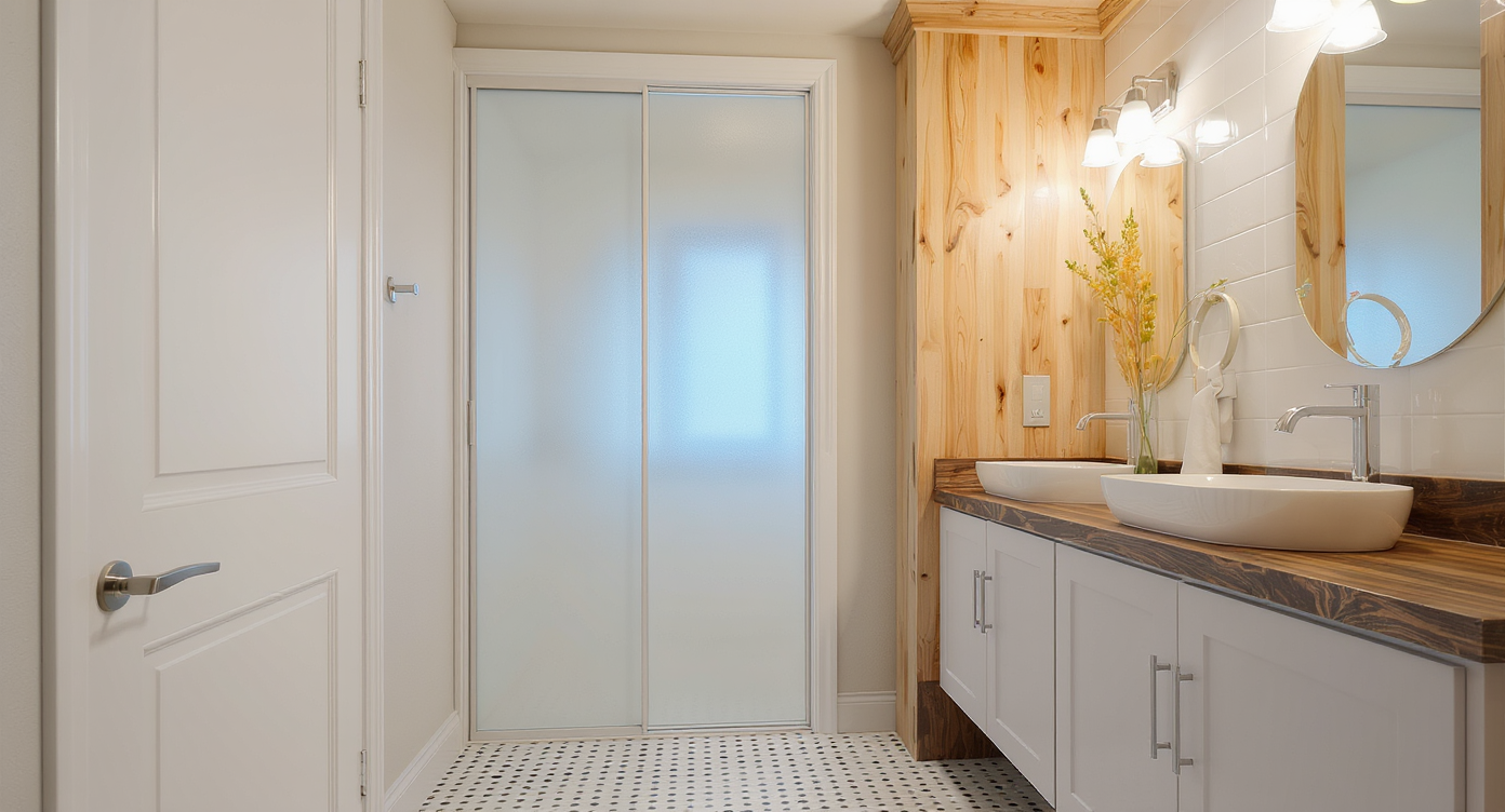 Basement bathroom with bright white trim, a frosted pocket door, vanity lighting above a mirror, and an original window repaired for character.