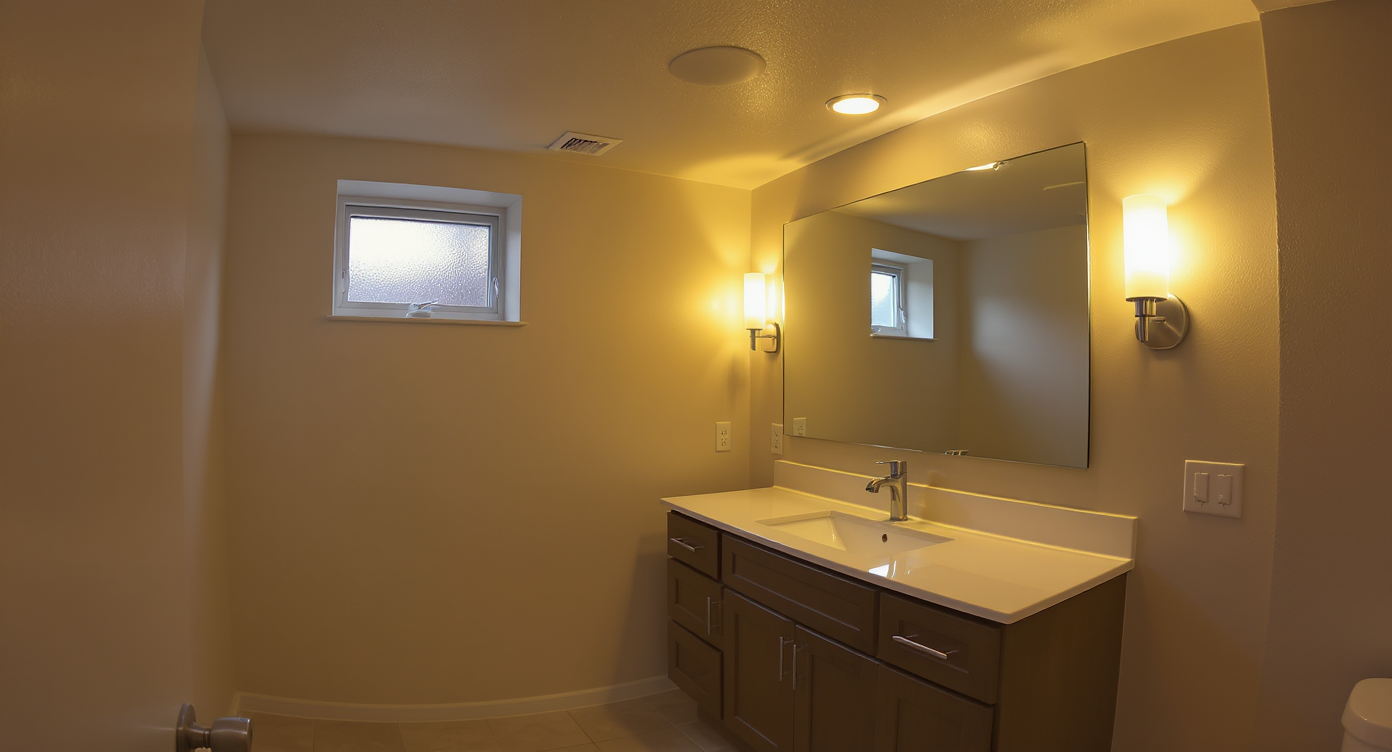Renovated basement bathroom showing layered lighting: overhead fixture, vanity sconces, and a mirror with warm, inviting illumination. No people present.
