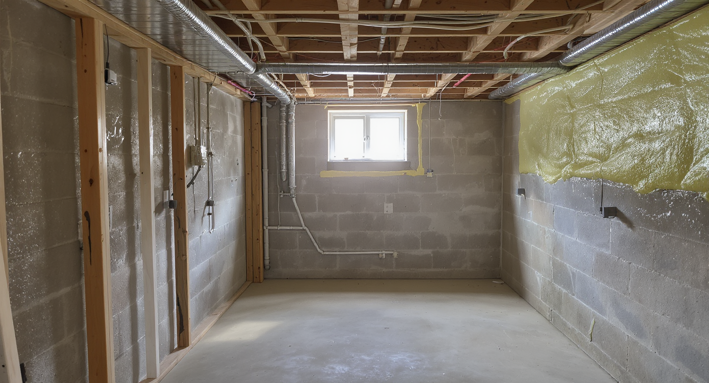 Exposed basement bathroom stripped to bare concrete and framing, with rigid insulation panels fitted in rim joists and spray foam sealing gaps.