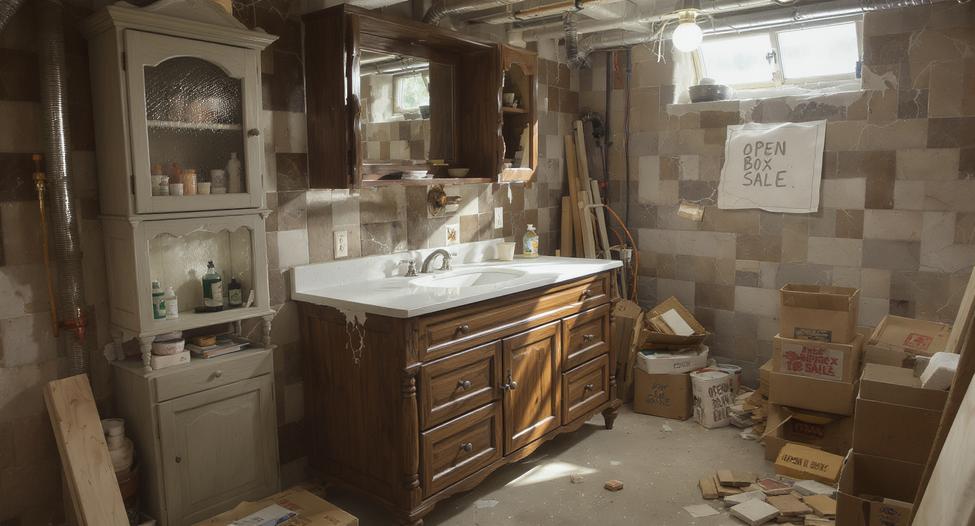 Basement bathroom remodel with a chipped quartz vanity top, imperfect tile wall, and salvage yard materials, showing budget-friendly material sourcing.
