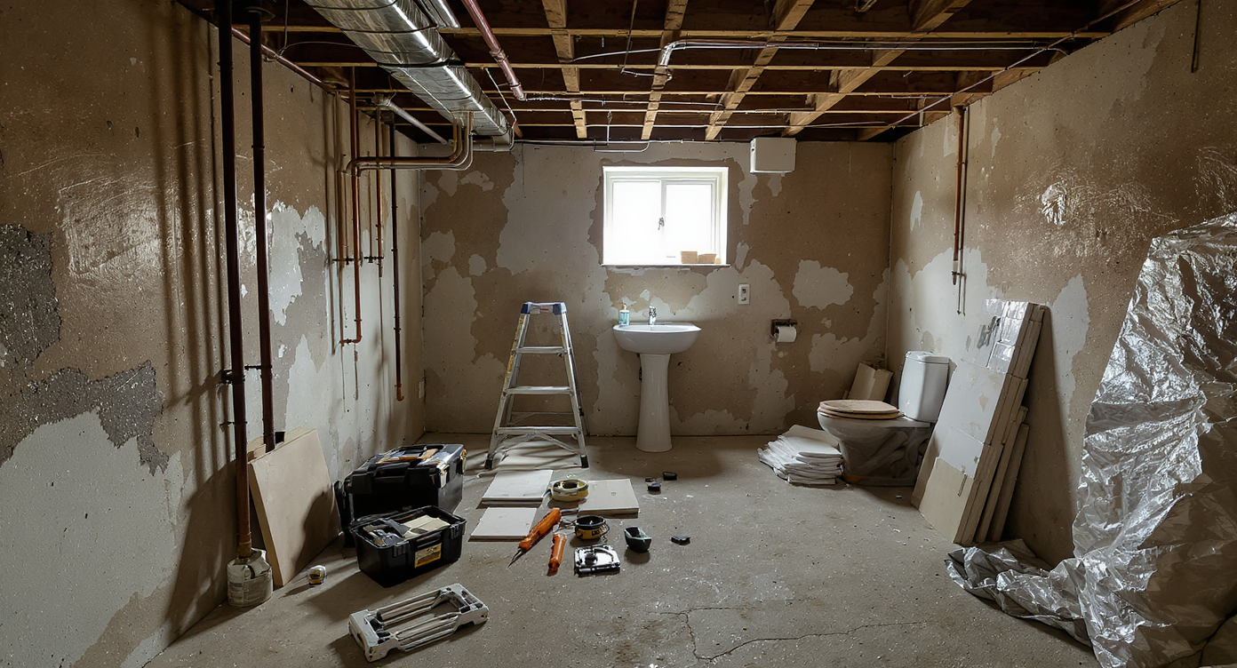 A basement bathroom under remodel with unfinished walls, exposed pipes, construction tools, and new tiles stacked in a dimly lit, realistic space.