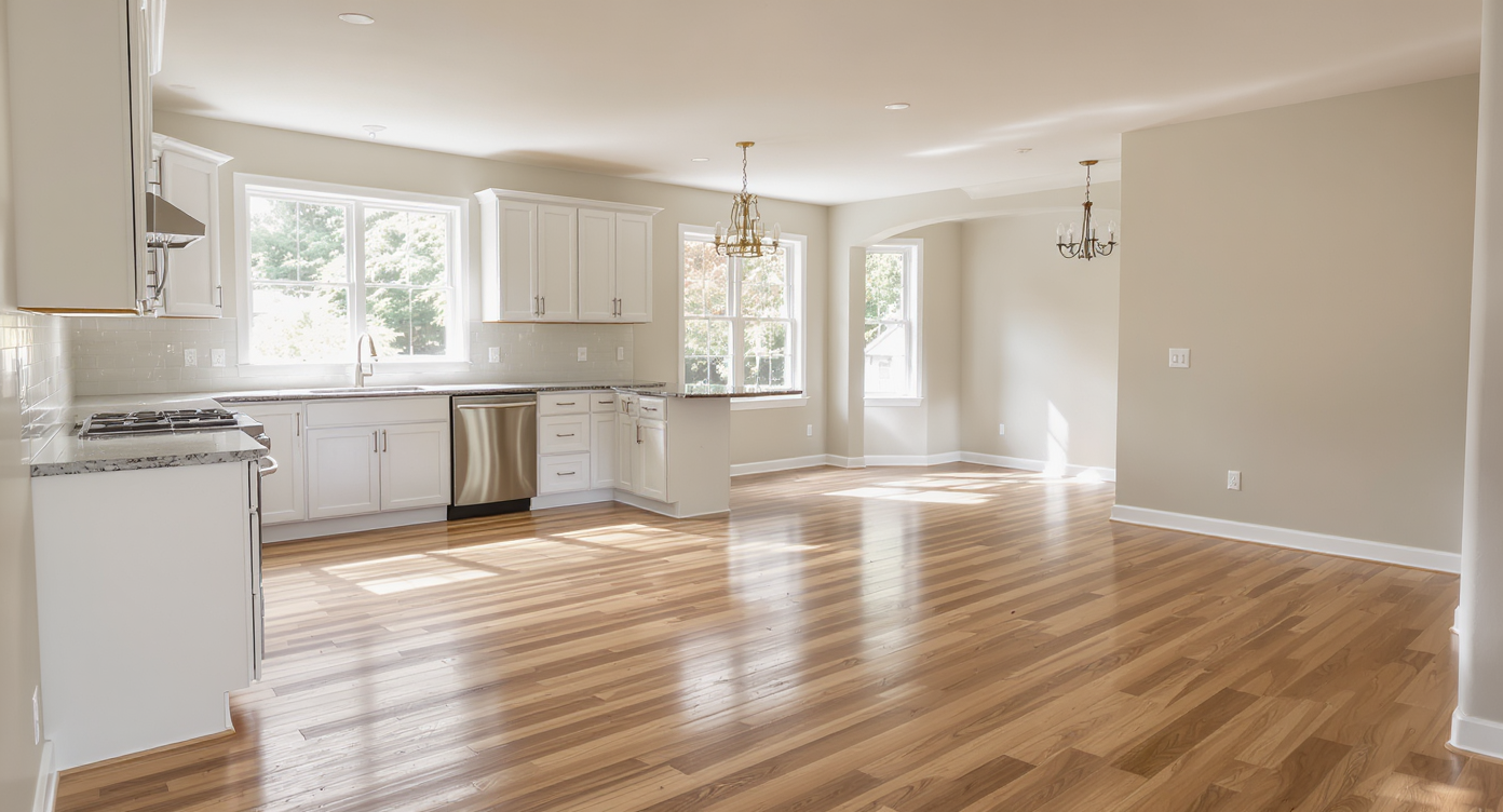 Ultra-realistic, sunlit open-plan kitchen and living area mid-renovation with new cabinetry, organized tools, blueprints, and protective coverings.