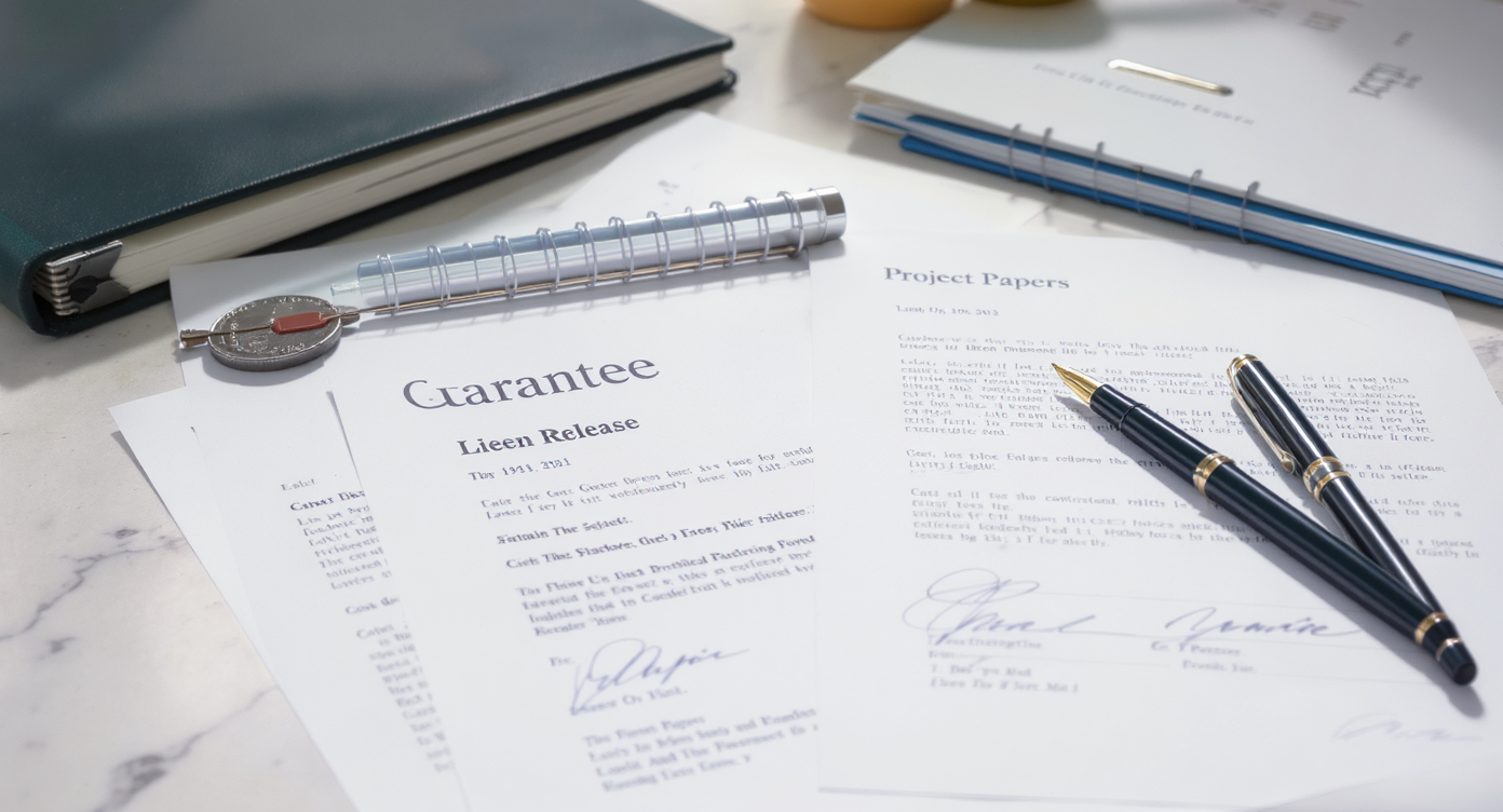 A kitchen countertop with signed guarantee and lien release documents, a pen, keys, and a contractor's binder under natural daylight.
