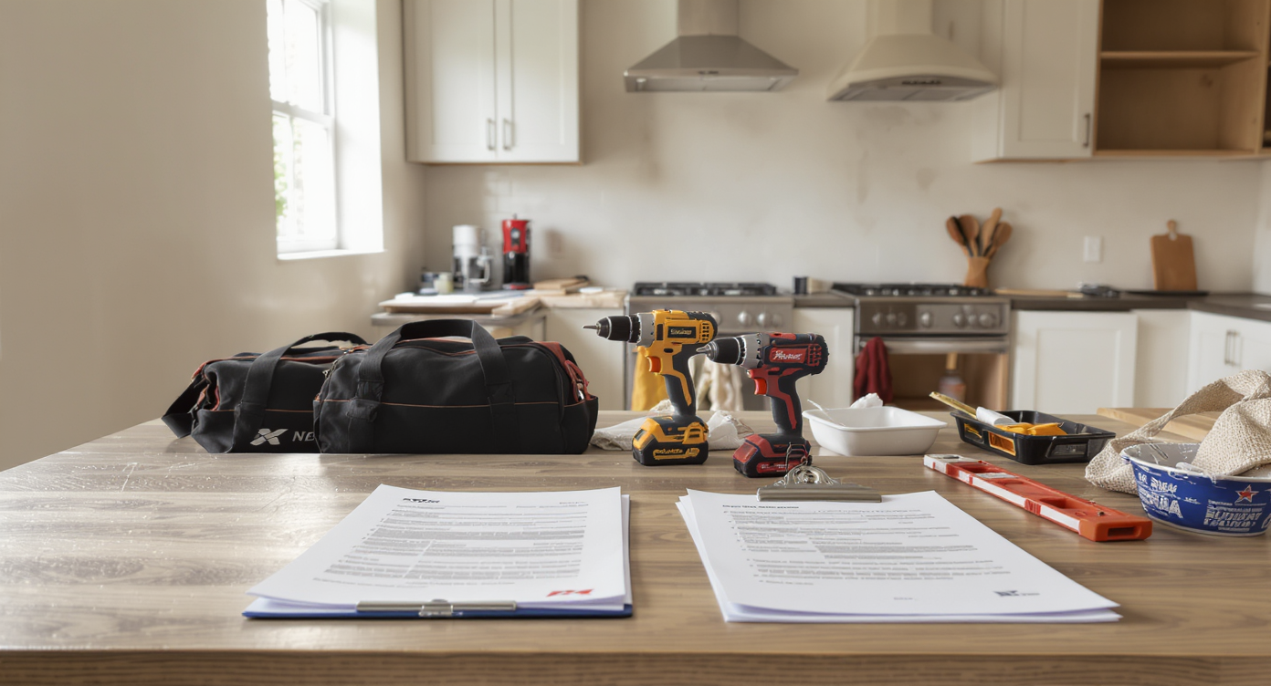 Two sets of contractor paperwork and toolbags from different companies sit on a kitchen counter in a partially renovated, empty home interior.