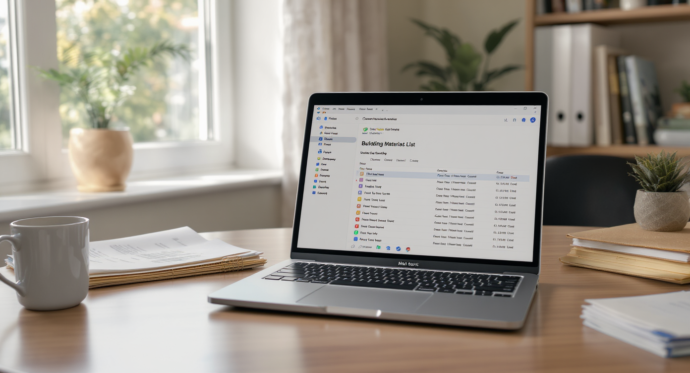 A home office desk with an open laptop showing an email about building materials, a contract folder, paper printouts with highlights, and color swatches.