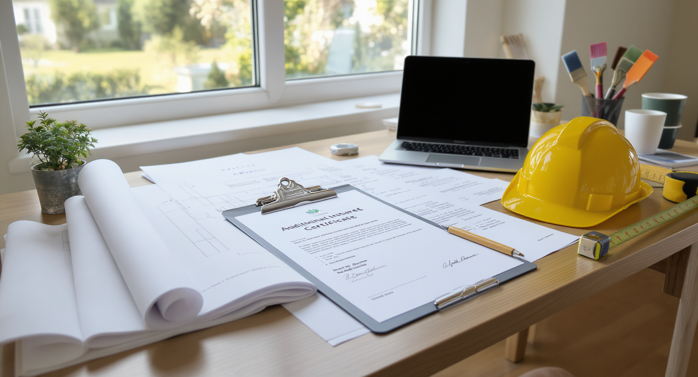 Photorealistic home office desk with blueprints, insurance certificates marked 'Additional Insured,' and renovation tools, no people visible.