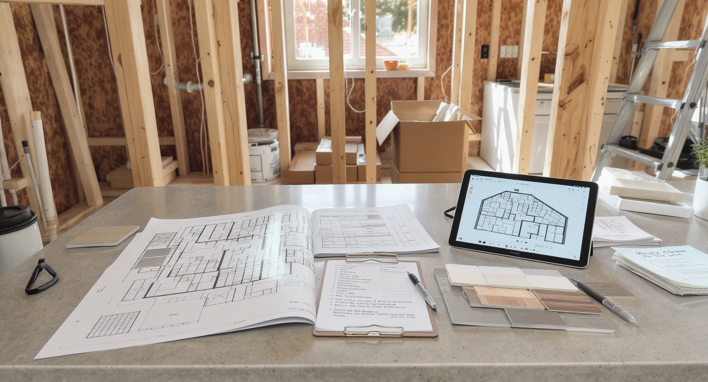 A modern kitchen remodel scene with floor plans, a tablet showing a 3D visualization, contractor notes, material samples, and visible mid-project changes.