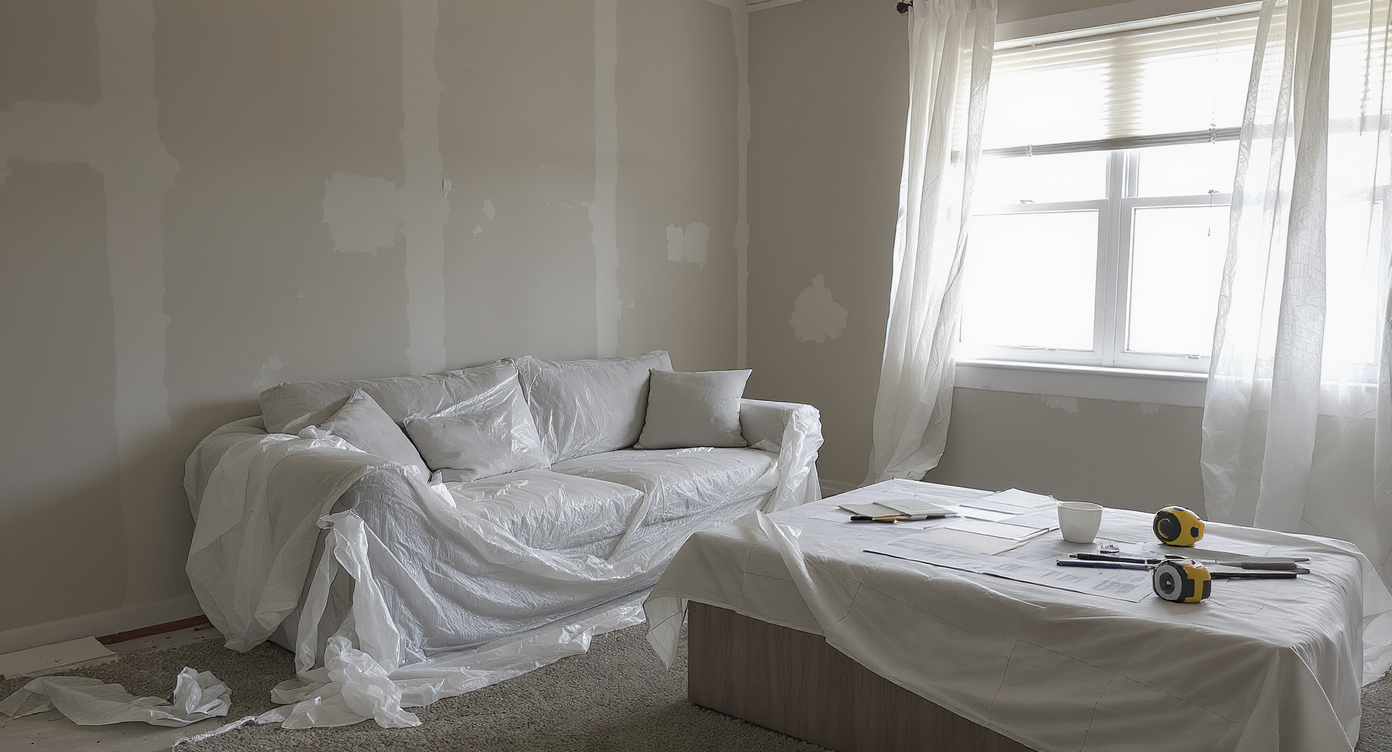 A realistic, partially renovated living room with exposed drywall, paint samples, covered furniture, blueprints, and tools—no people present.