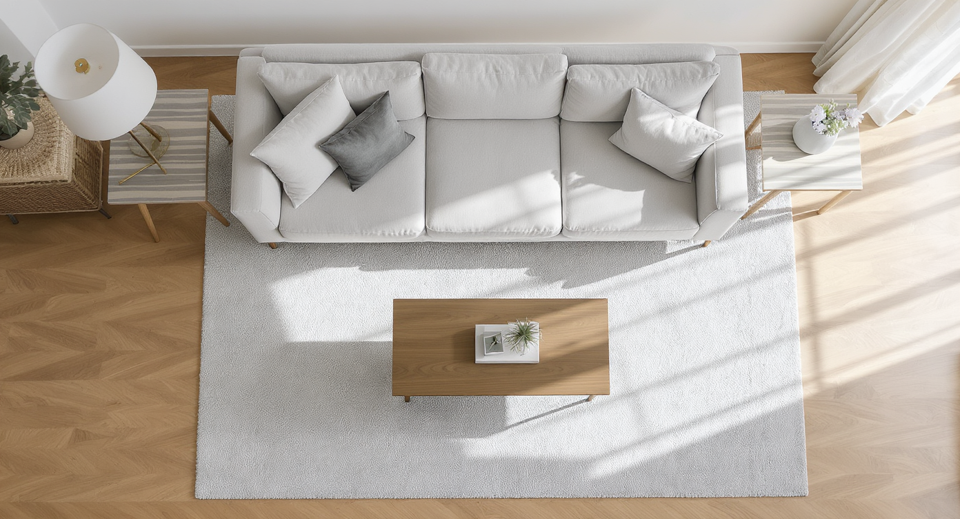 A photorealistic living room with a centered sofa, partially rug-anchored, and a coffee table placed 16-18 inches in front for a grounded layout.