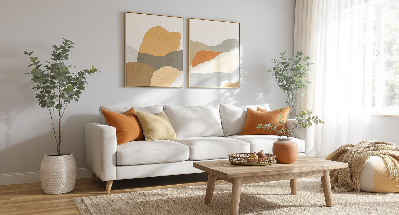 Photorealistic living room with wood floors; ochre, terracotta, and olive green accents in pillows, planter, and tray reflect simple, cohesive color coordination.