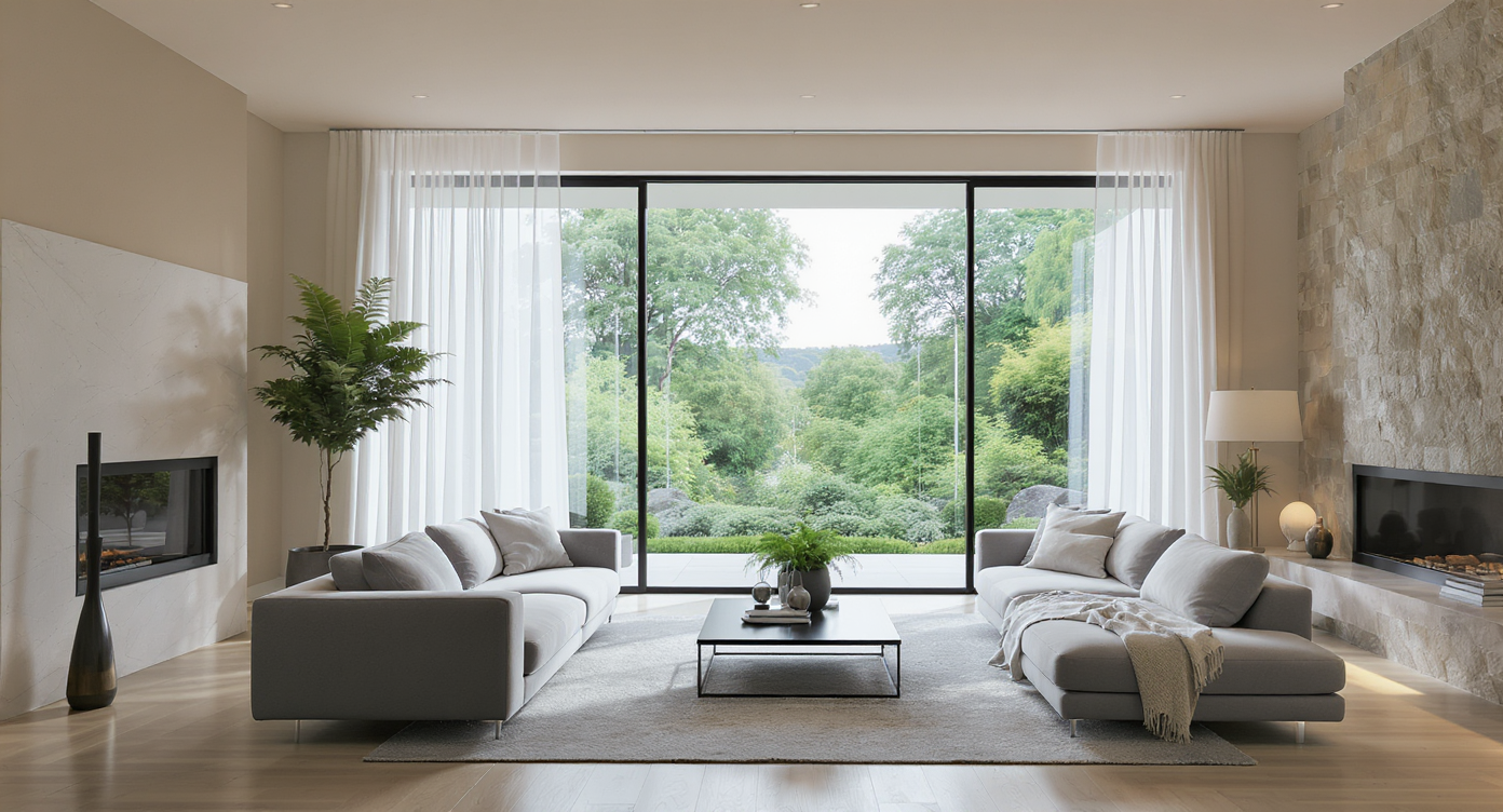 A bright, airy living room with large sheer-curtained windows, neutral walls, a mirror opposite the view, and minimal furniture framing the scenery.
